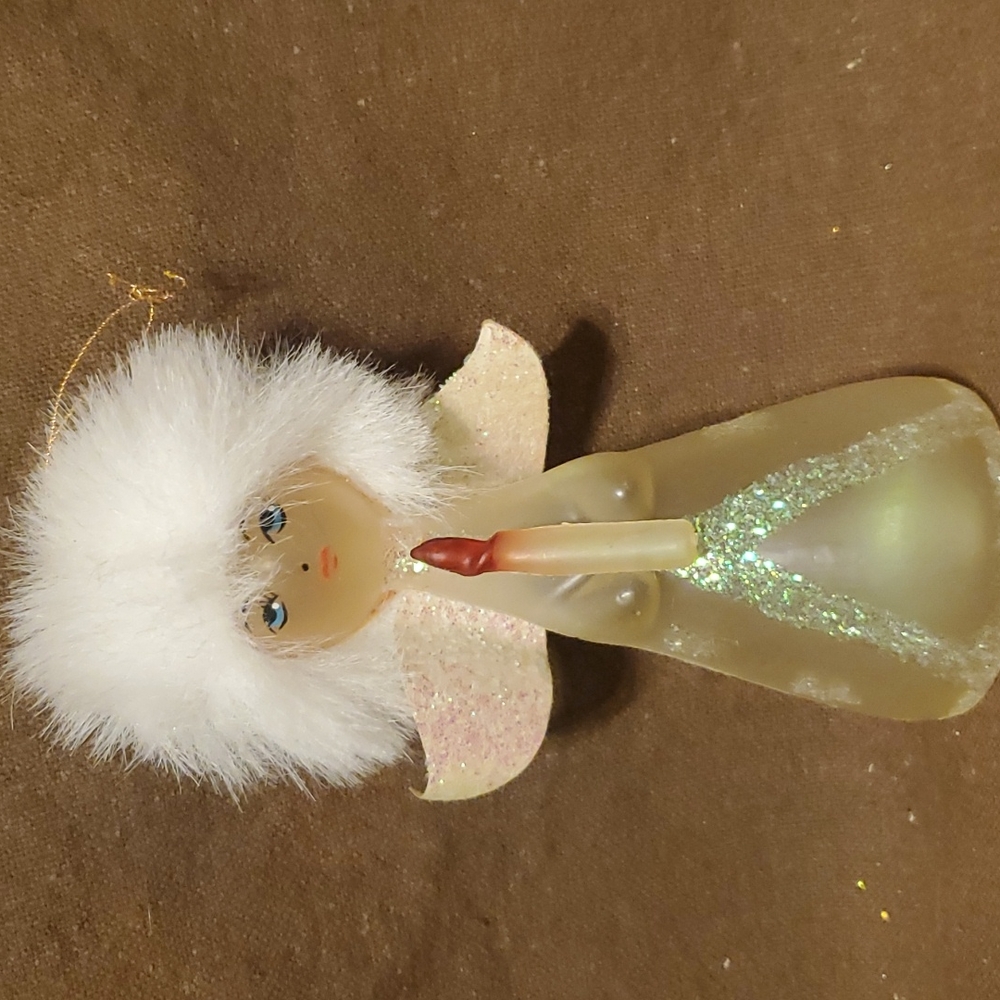 Fuzzy Haired Blue Eyed Frosted Plastic Angel Ornament 6in